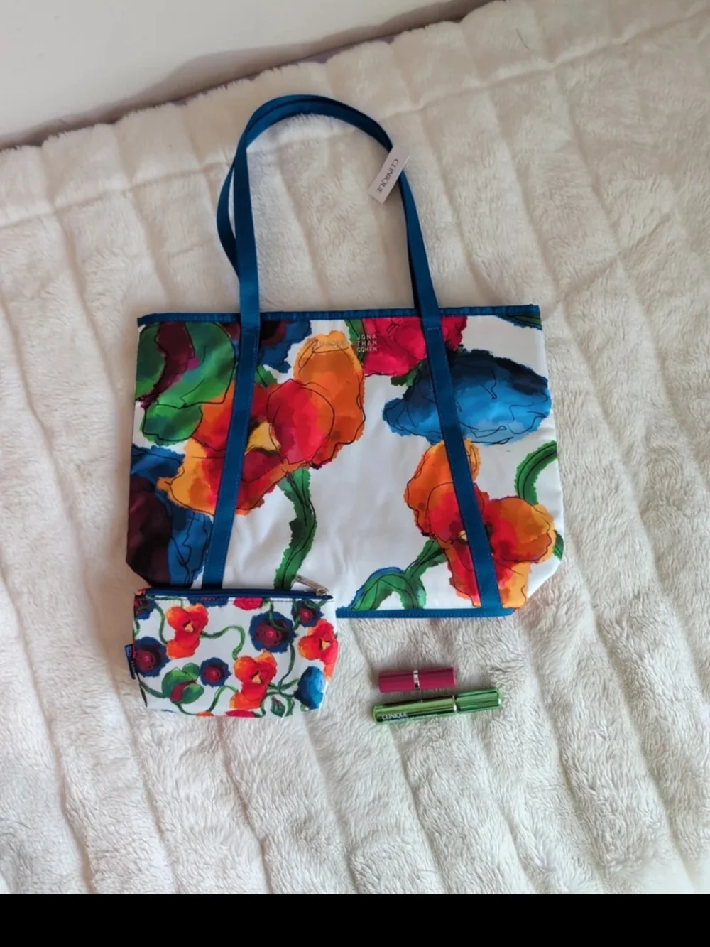 Clinique Mascara/Lipstick Set with Colorful Floral Tote-Blue, Orange, Red, Green